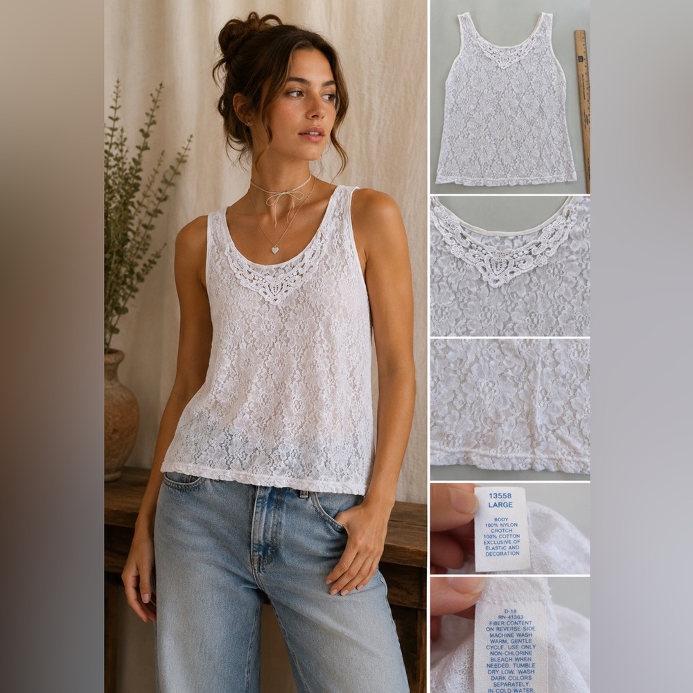 Vintage Semi-Sheer White Lace Tank USA Made Sheer Cottagecore Y2K Top L Boho FP